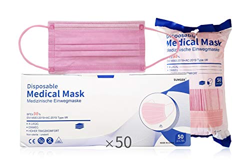 SUMGER Mascarilla Quirúrgica Desechable Homologada, 50 Unidades, Color Rosa, CE BFE ≥98%, EN 14683:2019+AC:2019 Type IIR