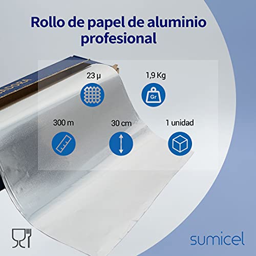 SUMICEL - Papel de Aluminio Profesional Liso - 30 centímetros x 300 Metros - Especial para catering, cocina, peluquería, hogar. Bobina de 2kg - 300 metros REALES (1)