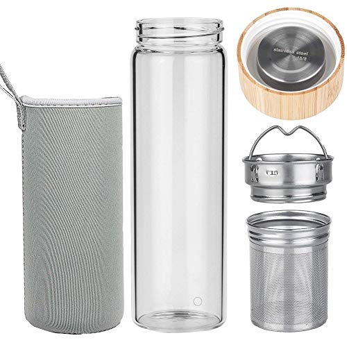 sunkey Botella Agua Cristal 1 Litro con Infusor y Tapa de Bambu Reutilizable sin Bpa