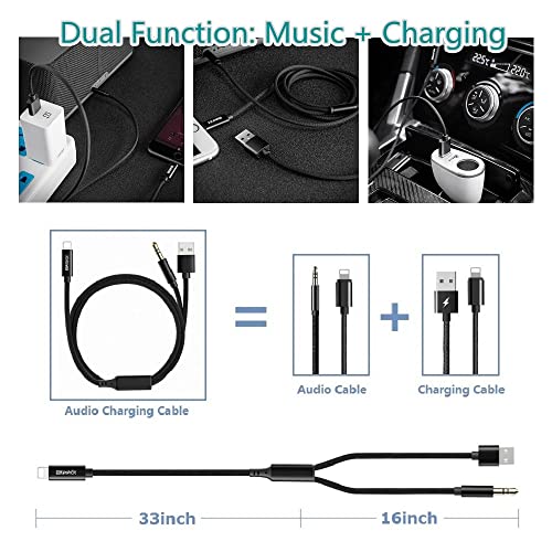 sunshot Cable de audio de carga 2 en 1 actualizado compatible con Phone 7 8 X Xs Xr, funciona con altavoz estéreo de coche, cargador de coche y teléfono a cable auxiliar estéreo de 3,5 mm (negro)