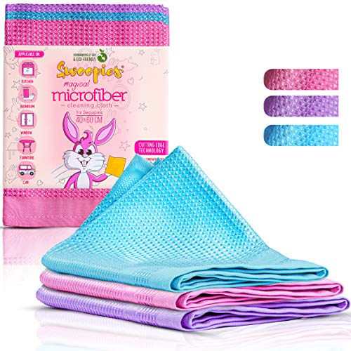 SWOOPIES® [Pack de 3] Paños de Microfibra Mágicos, Ecofriendly Sólo con Agua 60 x 40 cm Sin Rayas, Paños Ultrasuaves y Grandes de Primera Calidad para Cocina, el Baño, Ventanas, Coche (Orquídea)