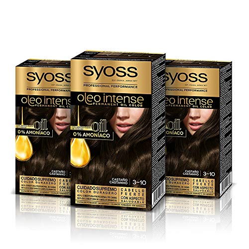 Syoss Oleo Intense - Tinte 3-10 Castaño – Coloración permanente Sin Amoníaco – Cobertura profesional de canas – Resultados de peluquería (Pack De 3)