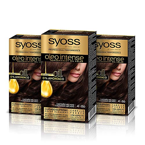 Syoss Oleo Intense - Tinte 4-86 Castaño Helado – Coloración permanente Sin Amoníaco – Cobertura profesional de canas – Resultados de peluquería (Pack De 3)