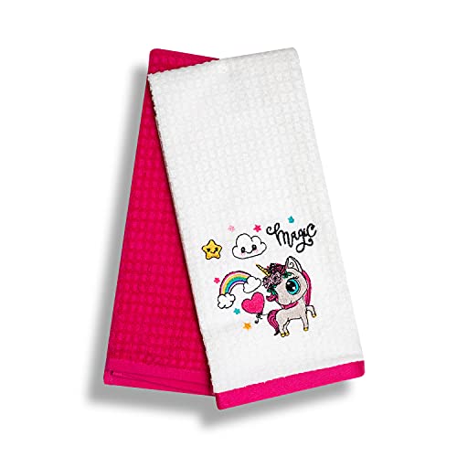 SYS Online Paños de cocina de algodón, juego de 2 toallas de tela de piqué, con certificado Oeko-tex®, paños de cocina de alta calidad con diseño, 100 % algodón, unicornio, 60 x 40 cm (rosa y blanco)