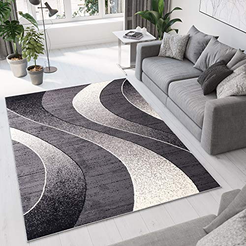 TAPISO Dream Alfombra Salón Comedor Dormitorio Moderno Gris Oscuro Blanco Negro Ondas Fina Pelo Corto 140 x 200 cm