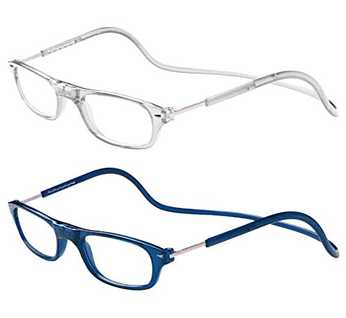 TBOC Pack: Gafas de Lectura Presbicia Vista Cansada – (Dos Unidades) Graduadas +2.00 Dioptrías Montura Transparente y Azul Hombre Mujer Plegables Lentes Aumento Leer Ver Cerca Cuello Imán