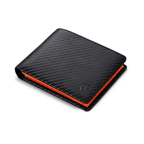 TEEHON Cartera Hombre, Billetera Hombre de Cuero de Fibra de Carbono con RIFD Bloqueo, 9 Ranuras para Tarjetas, 2 Ranuras para Billetes, 1 Bolsillo para Monedas, Regalo para Hombres - Naranja Negro