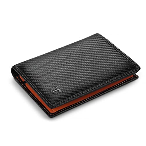 TEEHON Cartera Hombre, Cartera Vertical Cuero de Fibra de Carbono, con RIFD Protección, 13 Ranuras para Tarjetas, con Cremallera, Regalo para Hombre de Navidad, Cumpleaños etc..(Negro y Naranja)