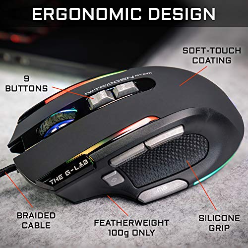 THE G-LAB Mouse Gaming con Cable de Alto Rendimiento, Sensor Óptico 4800 dpi, RGB, 9 Botones Programables, Traligero, para MOBA/Fps-Compatible con Pc/Ps4/Xbox One, Negro