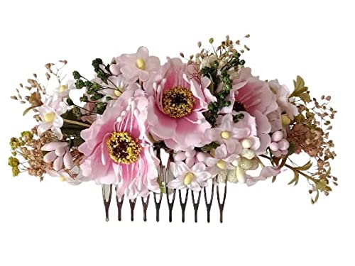 TIARA PARA MUJER PEINETA DE FLORES, Artesanal (DISEÑO MODELO UNICO) 14x6cm aprox Hecho en España Tocado de Novia, Tiara para Niña Bautizo, Graduación, Comunión, MUJER NIÑA (Rosa-P2)