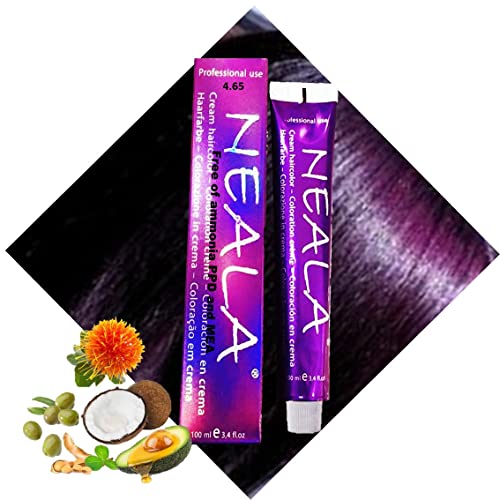 Tinte permanente para el cabello libre de amonio y sin PPD de NEALA, 3.4 fl oz - 4.65- Castaño Medio Violeta - NEALA 100ml.