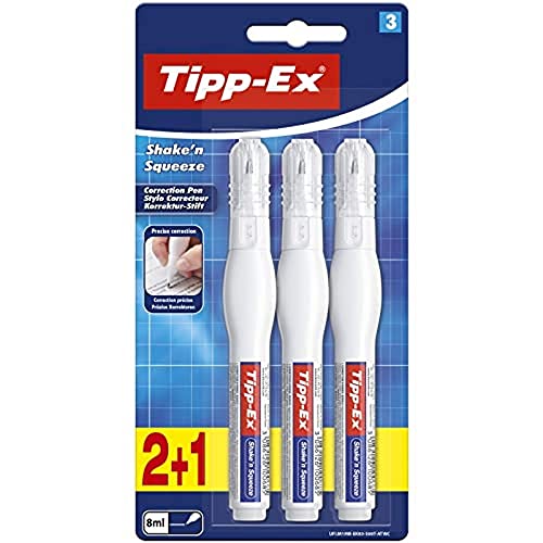 Tipp-Ex Shake'n Squeeze Corrector Líquido (4 ml), Fórmula de Secado Rápido - Blíster de 2+1 lápiz corrector – Bolígrafo corrector, ideal para profesionales