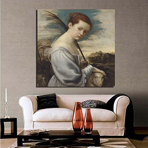 Tiziano Vecellio Woman And Sheep Wall Art Canvas Painting Posters Prints Modern Painting Wall Picture Living Room Decor 60x60cm Frameless