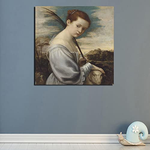 Tiziano Vecellio Woman And Sheep Wall Art Canvas Painting Posters Prints Modern Painting Wall Picture Living Room Decor 60x60cm Frameless