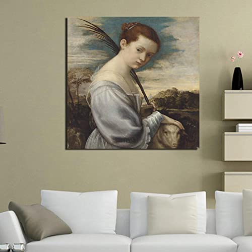 Tiziano Vecellio Woman And Sheep Wall Art Canvas Painting Posters Prints Modern Painting Wall Picture Living Room Decor 60x60cm Frameless