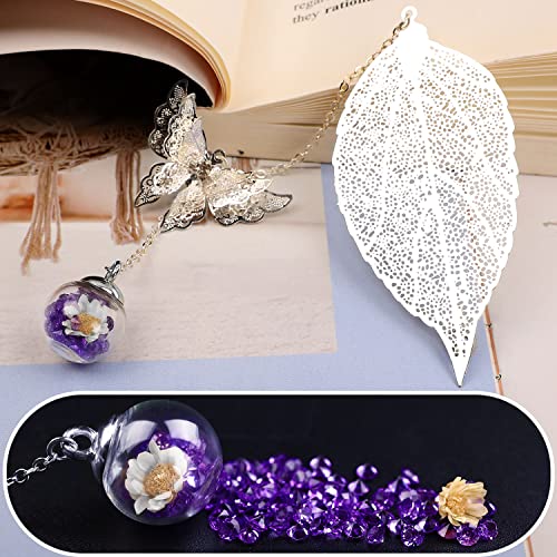 Toirxarn hermoso Marcapáginas de hojas de plumas de metal con mariposa 3D y cuentas de vidrio colgante de flor seca eterna. Regalo ideal para lectores, mujeres y niños.