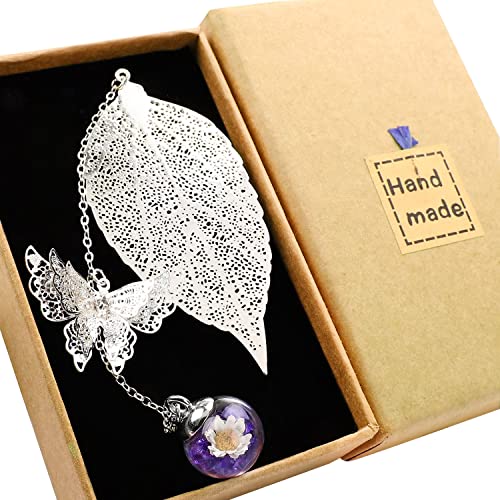 Toirxarn hermoso Marcapáginas de hojas de plumas de metal con mariposa 3D y cuentas de vidrio colgante de flor seca eterna. Regalo ideal para lectores, mujeres y niños.