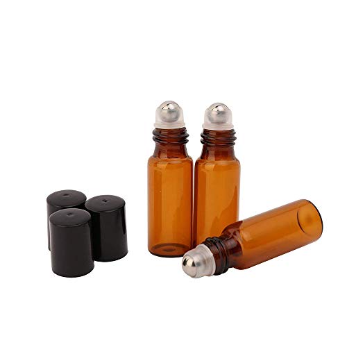 TOMYEER Botellas enrollables de cristal ámbar de 5 ml con bolas de acero inoxidable y tapa, paquete de 15