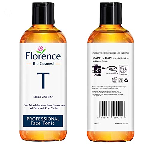 Tónico facial BIO Florence con ácido hialurónico con propiedades calmantes, hidratantes y revitalizantes. Con Agua de Rosa Damasco Orgánica - para Cara, Cuello- 250 ML