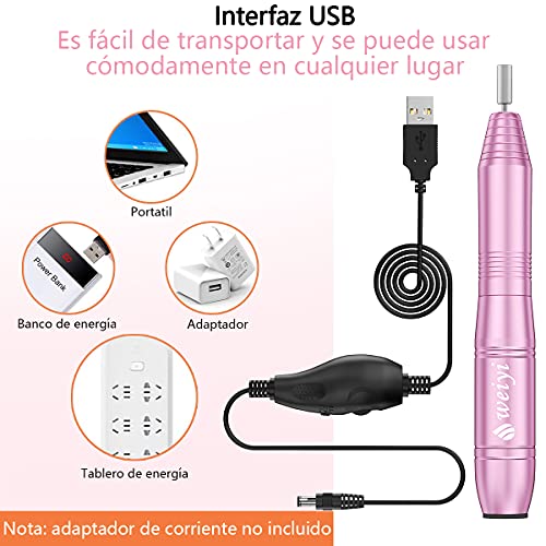 Torno para Uñas, Kit Para Uñas de Profesional USB Lima Electrica Uñas con Set de 11 Piezas de Brocas para Uñas de, Manicura y Pedicura Salón de Belleza en Casa (Rosa)