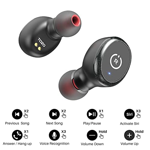 TOZO T10 Auriculares Bluetooth IPX8 Impermeable Bluetooth 5.0 In Ear inalámbricos con Estuche de Carga y micrófono, Sonido Premium con Graves Profundos para Correr y Hacer Deporte Negro