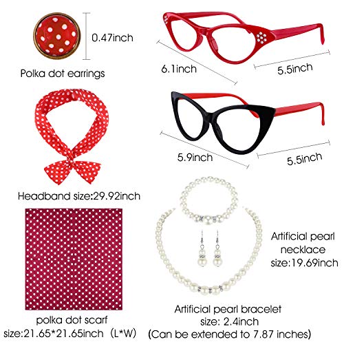 TUPARKA 12 Piezas Accesorios para Trajes de Mujer de los Años 50 Incluye Aretes y Bufanda de Lunares con Gafas de Ojo de Gato, Diadema, Pulsera y Collar para Fiesta