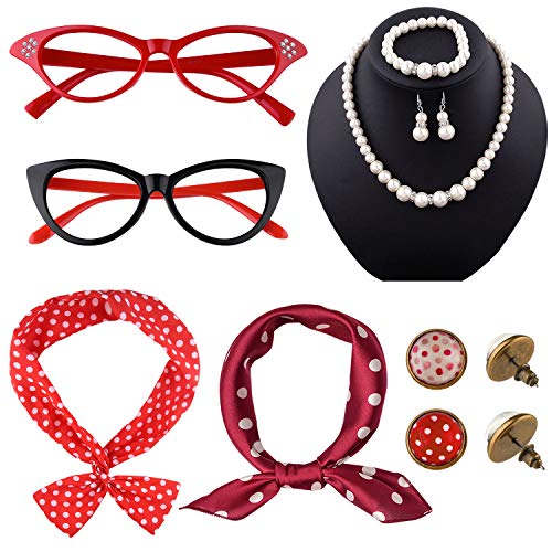 TUPARKA 12 Piezas Accesorios para Trajes de Mujer de los Años 50 Incluye Aretes y Bufanda de Lunares con Gafas de Ojo de Gato, Diadema, Pulsera y Collar para Fiesta