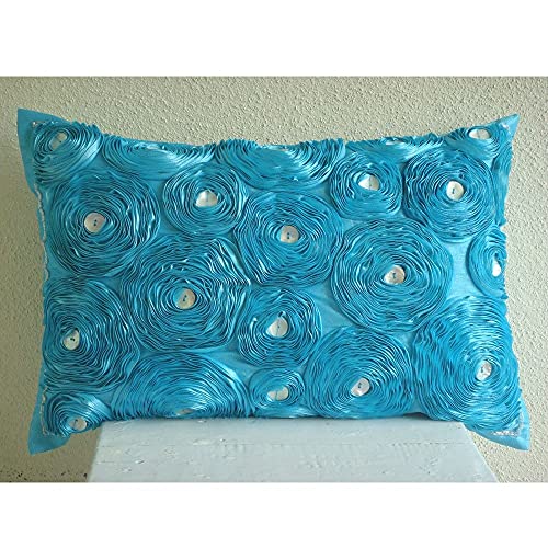 Turquesa Cubierta De La Almohadilla Lumbar, Cinta De Opciones De Aqua Rose Flores 30x35 cm Sedala Seda Cubierta De La Almohadilla Lumbar, Moderno Cubierta De La Almohadilla Lumbar -Aquamarine Roses