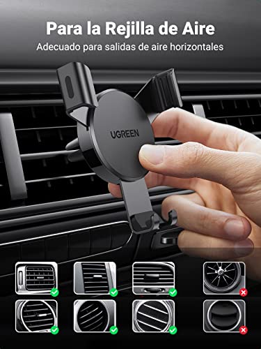 UGREEN Soporte Móvil Coche, Soporte Télefono Móvil Coche por Gravedad para Rejilla de Aire, Soporte Movil Coche Universal Car Phone Holder Compatible con iPhone 13 12 Pro, Xiaomi Redmi Note 10(Negro)