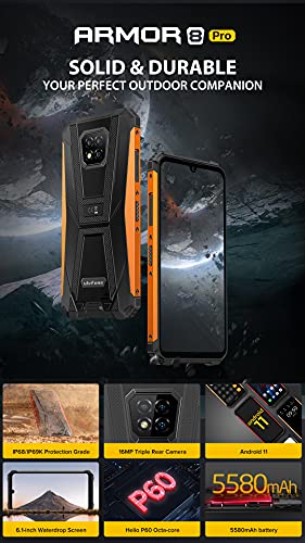 Ulefone Armor 8 Pro Móvil Resistente Android 11, 6.1’’ HD + IP68 Impermeable Antigolpes Teléfono Libre, Helio P60 6GB + 128GB, Cámara Trasera Triple de 16MP, Desbloqueo Facial&Huella Digital Negro