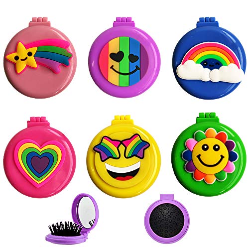 Ulife Mall 6 Piezas Cepillos de Pelo de Viaje Redonda con Espejo de Maquillaje, Cepillo de Pelo de Bolsillo Plegable Peine de Masaje Compacto Cepillo Desenredante para Niñas Regalo de cumpleaños Niños