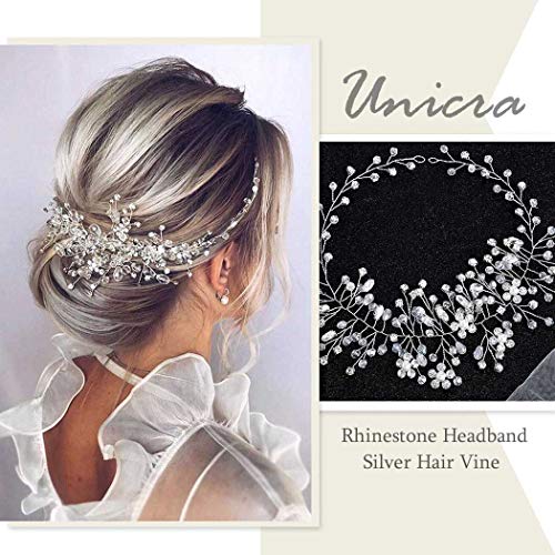 Unicra Silver Wedding Crystal Hair Vines Flor Hoja Tocados Accesorios para el cabello para la novia