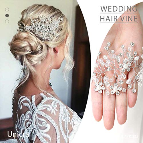 Unicra Silver Wedding Crystal Hair Vines Flor Hoja Tocados Accesorios para el cabello para la novia