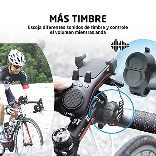 UPPEL Altavoz Bluetooth Bicicleta Multifunción 10 en 1 - Soporte Movil Bicicleta – Luz LED – Cargador Portátil – Timbre – Micrófono – Modos TF/SD/AUX – para Bicis de Carretera y Montaña