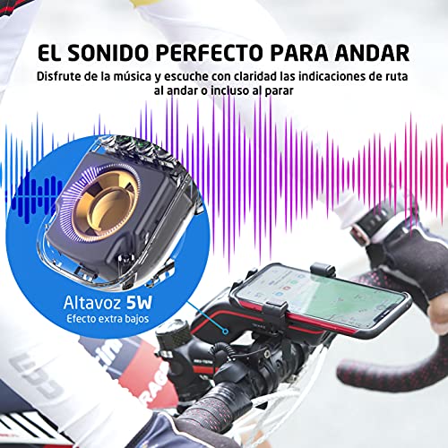 UPPEL Altavoz Bluetooth Bicicleta Multifunción 10 en 1 - Soporte Movil Bicicleta – Luz LED – Cargador Portátil – Timbre – Micrófono – Modos TF/SD/AUX – para Bicis de Carretera y Montaña