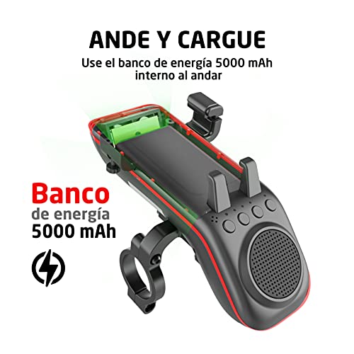 UPPEL Altavoz Bluetooth Bicicleta Multifunción 10 en 1 - Soporte Movil Bicicleta – Luz LED – Cargador Portátil – Timbre – Micrófono – Modos TF/SD/AUX – para Bicis de Carretera y Montaña