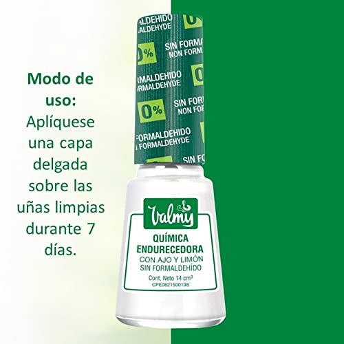 Valmy Química Endurecedora de Uñas con Ajo y Limón, Libre de Formaldehido 7 Free, Tratamiento Esmalte Blanqueador y Endurecedor - 14 ml (1 unidad)