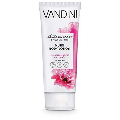 VANDINI Loción corporal nutritiva con flor de peonía y aceite de argán - crema del cuerpo para pieles secas - producto vegano libre de siliconas - 1x 200 ml