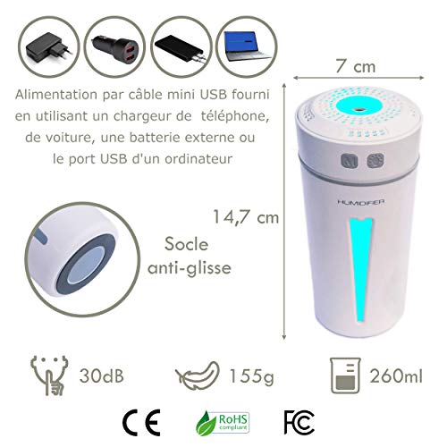 Vaporizador aromático azul, 260 ml, difusor de aceite esencial eléctrico, humidificador, te seguirá de tu coche en la oficina, desde la habitación del bebé hasta el salón. Regalo para nacimiento.