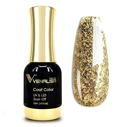 VENALISA Gel Nail Polish, 12ml Gold Glitter Color Soak Off UV LED Nail Gel Polish Nail Art Starter Manicure Salon DIY at Home, 0.43 OZ