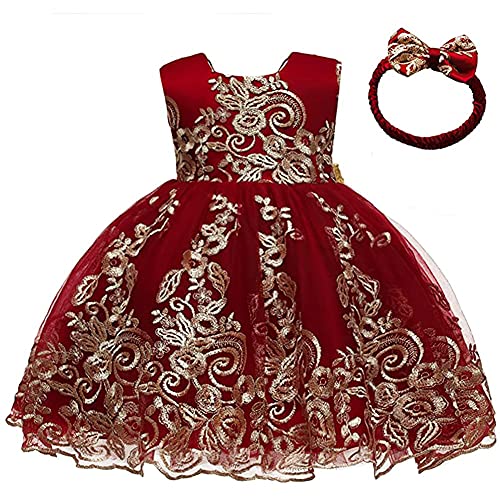 Vestido de encaje para bebés y niñas, primer bautizo, elegante, bordado, boda, fiesta, flor, dama de honor, vestidos, Vino1, 100 cm