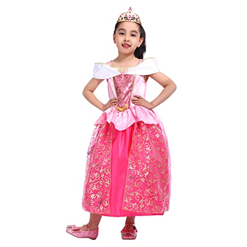 Vestido de princesa aurora bella durmiente para niñas con tiara, disfraz de princesa rosa 3-4 años