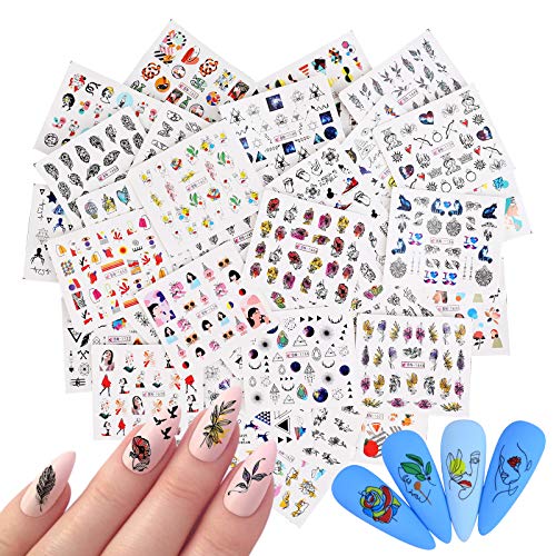 VETPW 36 Sheets Water Transfer Nail Art Stickers Set with Geometry Flowers Love Heart Dreamcatcher Deer for Nail Art Decoration, DIY Nail Art Tattoo Decals Design Manicure Accessories