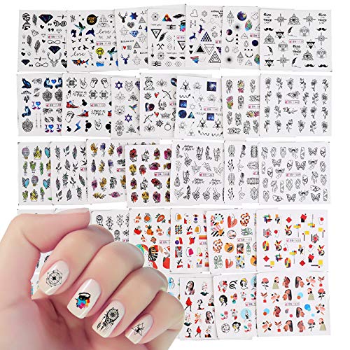 VETPW 36 Sheets Water Transfer Nail Art Stickers Set with Geometry Flowers Love Heart Dreamcatcher Deer for Nail Art Decoration, DIY Nail Art Tattoo Decals Design Manicure Accessories