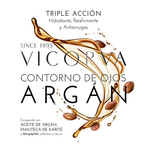 VICORVA Contorno De Ojos Argán | Triple Acción: Hidratante, Reafirmante Y Antiarrugas | Minimiza Bolsas Y Ojeras | Aceite De Argán Y Manteca De Karité | 15ml, Sin Fragancia, 51 Gramo