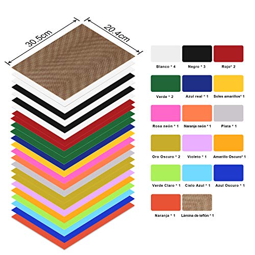 Vinilo Textil Termoadhesivo de 25 hojas - PU Vinilo Transferencia de Calor de 30.5 * 25.4cm, Hojas de Vinilo para Planchar, para Cricut y Silhouette Cameo, para Planchar en Casa en Camisetas y Telas