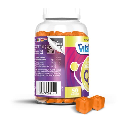 VITALDIN Coenzima Q10 gummies – 200 mg de CoQ10 por dosis diaria + Vitamina C & E – 50 gominolas; sabor Melocotón – Suplemento de Belleza – Antioxidante & Renovación Celular – Sin Gluten