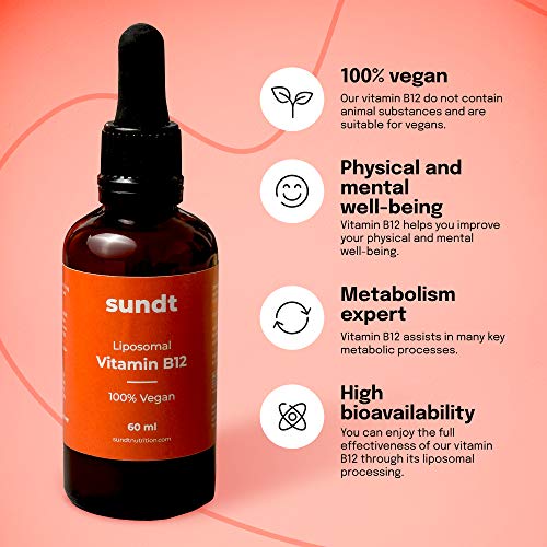 Vitamina B12 liposomal en gotas para el bienestar físico y mental - Frasco de 60 ml - 30 aplicaciones - vegano y sin OMG - Hecho en la UE - Sundt Nutrition® Suplemento alimenticio