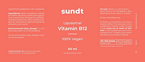 Vitamina B12 liposomal en gotas para el bienestar físico y mental - Frasco de 60 ml - 30 aplicaciones - vegano y sin OMG - Hecho en la UE - Sundt Nutrition® Suplemento alimenticio