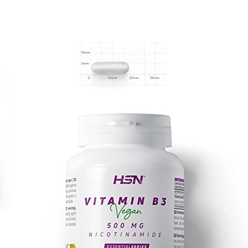 Vitamina B3 de HSN | 500 mg | Suministro 4 Meses | Fórmula de liberación inmediata de Nicotinamida | No produce Flush | No-GMO, Vegano, Sin Gluten, Sin Lactosa | 120 Cápsulas Vegetales